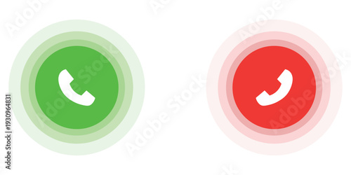 Phone call icon accept and decline. Icons depict the option to accept or decline phone call with red and green buttons. Phone icon. Answer and hang up the phone icon. Accept and decline incoming call