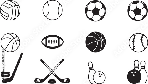 Black and white illustrations of various sports equipment and balls