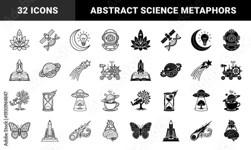 Surreal Hybrid Symbols Merging Space Exploration With Nature and Knowledge Featuring Rocket Flowers DNA Satellites and Planetary Coffee Cups