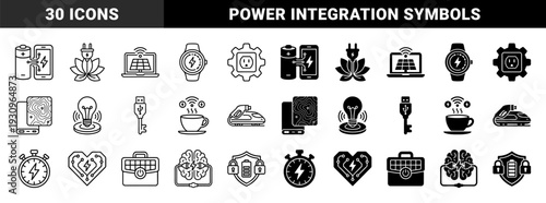 Hybrid energy and technology concept symbols featuring integrated power elements such as brain circuitry electric vehicles and solar computing in outline and solid styles