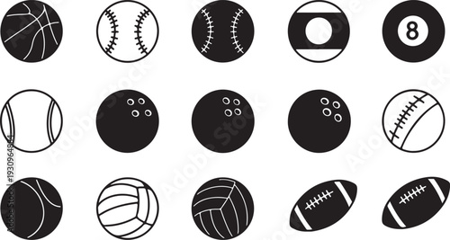 Various sports balls icons illustration set including american football baseball basketball and more