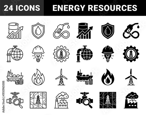Industrial energy and petroleum extraction symbols featuring hybrid concepts like oil drop shields and globe pipelines in outline and solid styles