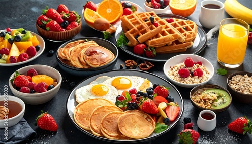 Delicious and Colorful Breakfast Spread with Pancakes, Waffles, and Fresh Fruit.