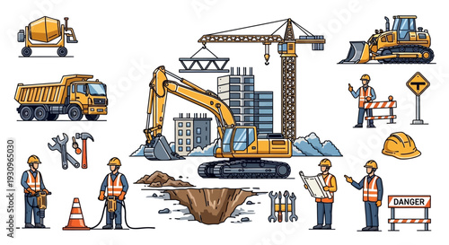 A construction worker stands with a shovel at a busy industrial site featuring heavy yellow machinery like cranes and excavators working to lift cargo