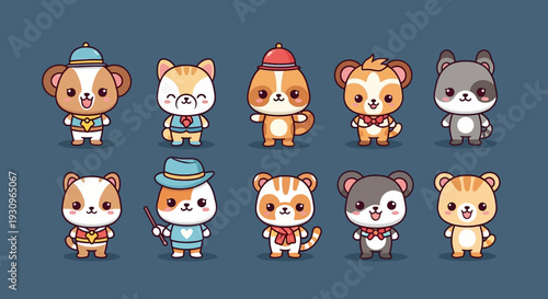 Collection of funny cartoon Halloween monsters and cute animal characters including a cat, dog, and bear as festive stickers for kids