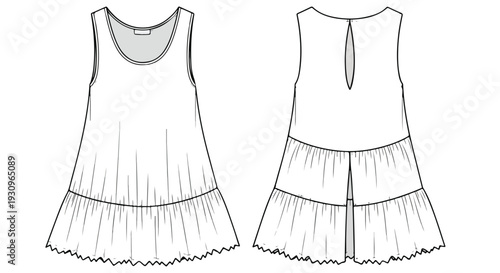 Technical drawing of a sleeveless dress with a ruffled hem, showcasing front and back views on a plain white background.