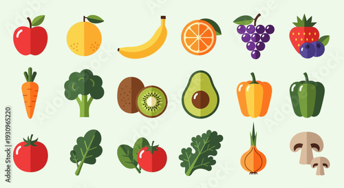 Isolated collection of healthy cartoon food icons featuring a set of fresh vegetables and fruits like tomato, carrot, onion, pepper, apple, cucumber, pumpkin, and banana in a green vector illustration