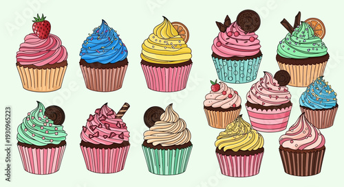 A cute vector illustration set of delicious chocolate and strawberry cupcakes and cakes with cream and cherry decorations for a sweet birthday bakery party pattern