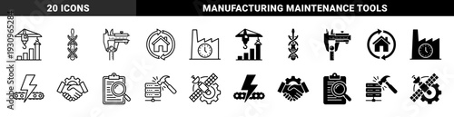 Industrial Production and Logistics Hybrid Concept Symbols Featuring Construction Cranes Manufacturing Factories Maintenance Tools and Satellite Technology