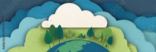 Panel kuchenny z motywem paper craft design, a wide aspect ratio postcard template features a papercut earth globe with colorful layers and paper trees and animals a white paper cloud shape creates empty space for text