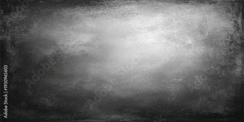 A dark vintage grunge metal texture design features a dirty old gray concrete wall surface with a black blackboard pattern and a blank stone frame background