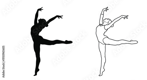 Two ballet dancers depicted in contrasting styles a striking silhouette