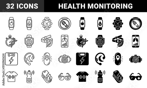 Biometric health monitoring symbols merging wearable technology with human physiology featuring DNA stopwatch and organ data tracking for medical diagnostics