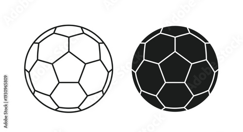 Two soccer balls displayed one outlined one solid a striking silhouette