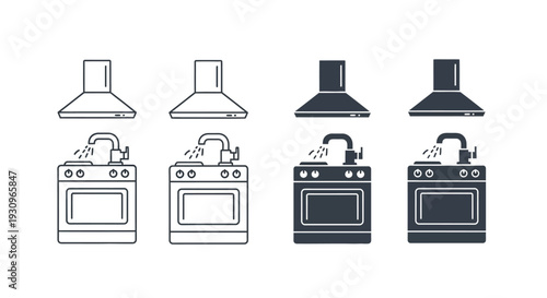 Four kitchen appliances depicted in a minimalist black silhouette