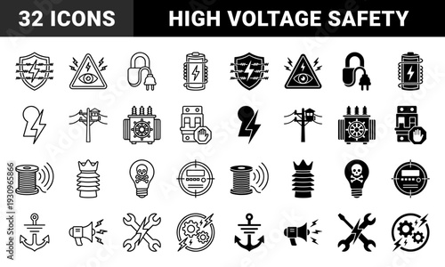 Electrical Power Engineering and High Voltage Safety Symbols Featuring Hybrid Industrial Components Combined with Warning Signals and Grid Hardware