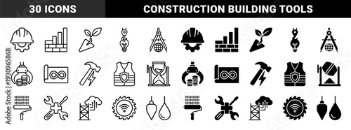 Construction and Industrial Engineering Hybrid Icon Set Featuring Smart Building Tools Technical Blueprint Symbols and Infrastructure Equipment
