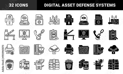Data Privacy and Office Security Hybrid Icons Featuring Paper Shredder Shields Encrypted Server Armor and Biometric Monitor Fingerprint Scanning