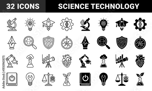 Hybrid scientific and digital infrastructure icons merging biology research with computing technology and automated laboratory engineering symbols