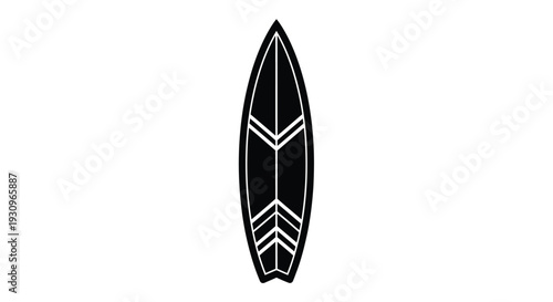 A black surfboard design against a white backdrop silhouette
