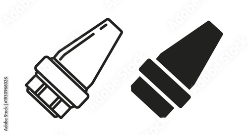 Two depictions of a drill bit in contrasting styles silhouette