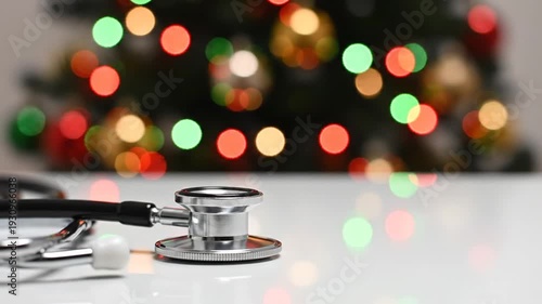 Wallpaper Mural Stethoscope on white table with blurred Christmas lights background Torontodigital.ca