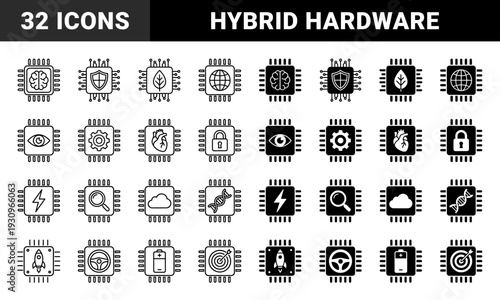 Hybrid semiconductor chip symbols merging integrated circuit hardware with biological organic and digital elements in outline and solid styles