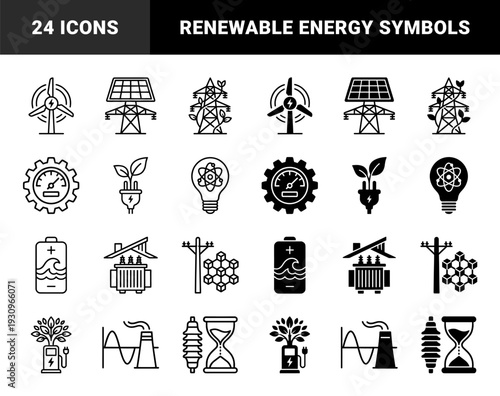 Sustainable energy hybrid icons merging renewable power sources with electrical infrastructure and organic growth symbols for green technology