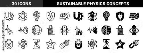 Hybrid energy and physics symbols combining magnets with gears and eyes alongside solar panels with leaves and battery cells with infinity loops