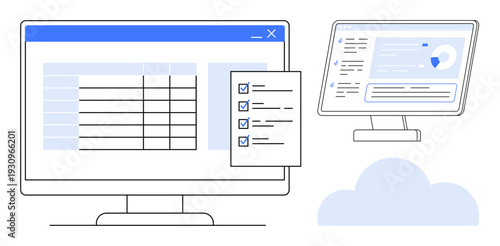 Data organization, cloud technology, task management, digital storage, remote systems, efficiency tools. A computer showing a table with a task list and a cloud. Data organization and cloud