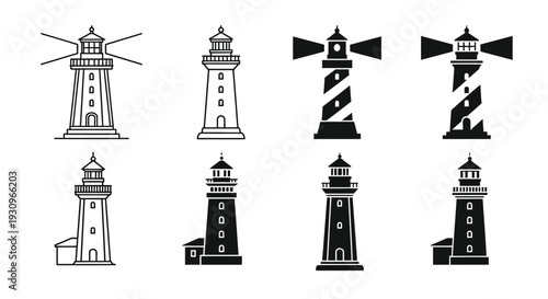 Collection of diverse lighthouse designs presented in a striking silhouette