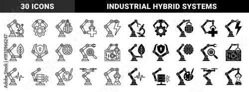 Robotic arm automation hybrid icons merging mechanical industrial limbs with laboratory equipment medical symbols green energy and neural brain technology