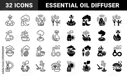 Aromatherapy and Wellness Hybrid Icons Combining Essential Oil Diffusers with Natural Elements Like Lotus Flowers Moon Sunlight and Botanical Leaves