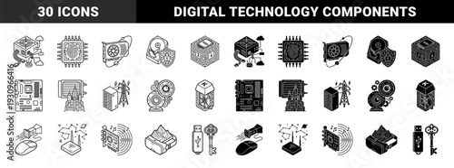 Hybrid computer hardware and abstract technology concepts featuring dual line and solid fill styles for data storage security and network infrastructure