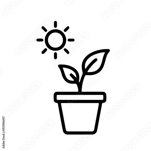 Minimalist vector graphic illustration depicting a young plant with two leaves growing in a pot under the nurturing light of a stylized sun.
