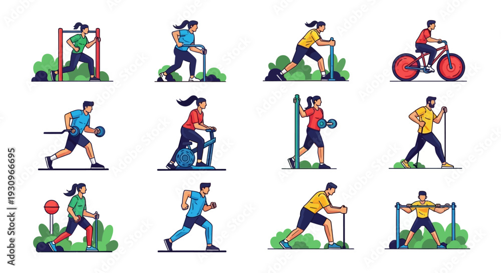 Fototapeta premium Vector illustration of a set of people including a woman, business worker, builder, and children alongside a sport player collection for a fun group icon set
