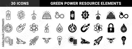 Conceptual hybrid symbols merging renewable energy and technology including battery heart wind turbine brain and solar book in outline and glyph styles