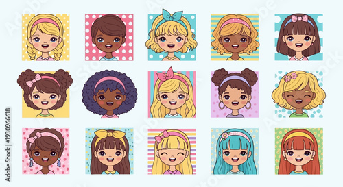 A funny vector set of character icon avatars featuring a smiling boy, child, and woman with diverse hair patterns and school kid emotions for a fun design symbol
