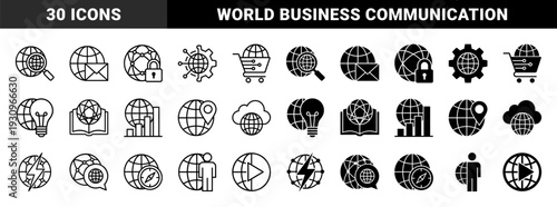 Global connectivity and business communication symbols featuring world globes merged with mail envelopes magnifying glasses and security locks