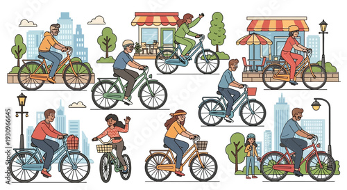 Vector illustration set of bicycles and bikes on a white background featuring family, children, and people riding mountain cycles for sport, exercise, and outdoor travel fun