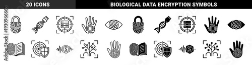 Biometric security and data protection symbols merging human biological traits with digital encryption and network server hardware interfaces