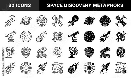 Monochrome hybrid cosmic symbols merging space exploration with scientific discovery featuring rocket lightbulb and telescope microscope combinations