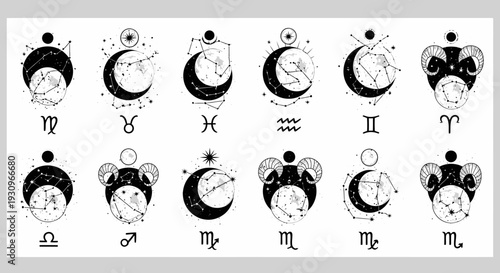 Artistic collection of vector silhouettes of women with hands on hips and a cartoon illustration of a happy man with a bunch of grapes as a black symbol design element