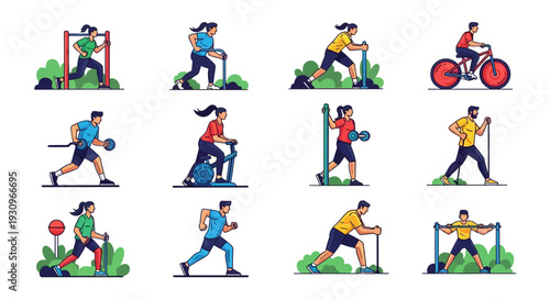 Vector illustration of a set of people including a woman, business worker, builder, and children alongside a sport player collection for a fun group icon set