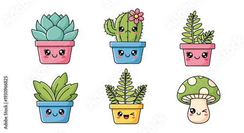 Small green succulent cactus plants with sharp thorns grow in decorative flowerpots as isolated indoor houseplants for nature-inspired home decoration