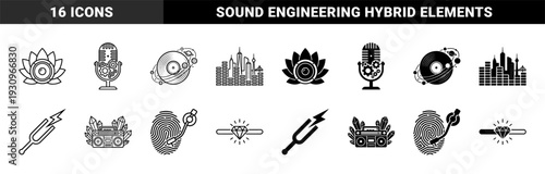 Hybrid audio and music production symbols featuring lotus speaker microphone gear record planet city skyline equalizer tuning fork lightning and crystal boombox