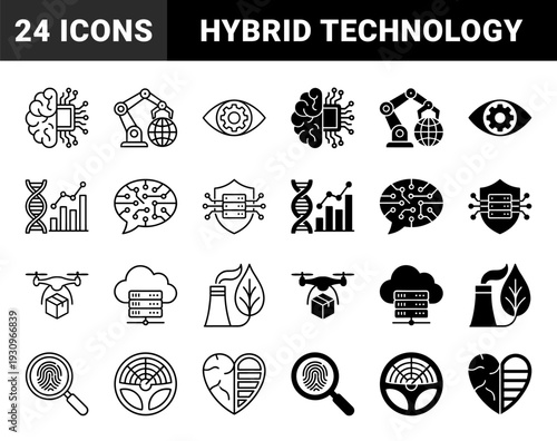 Hybrid technology and digital intelligence icons merging human brain with circuits robotic arm with globe and biometric fingerprint with magnifying glass in outline and glyph styles