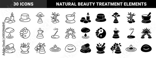 Zen wellness and spa treatment symbols merging holistic elements like basalt stones with bonsai trees bamboo and herbal medicine in outline and solid styles