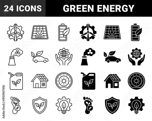 Sustainable energy and eco friendly technology concept icons merging renewable power sources with organic leaf motifs and carbon footprint symbols