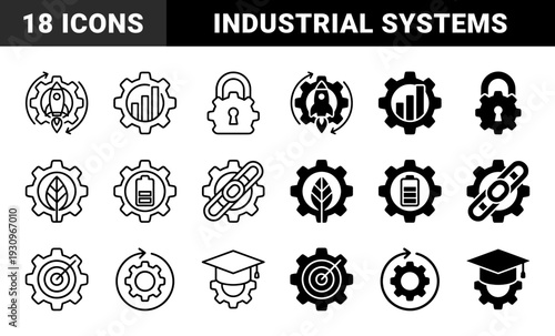 Hybrid gear system icons merging industrial cogwheels with rocket launch growth charts security locks organic leaves battery power and academic caps
